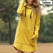 Women Long Hooded Dress Plus Size Long Sleeve Hoodie Sweatshirt Ladies Casual Pullover yellow XL