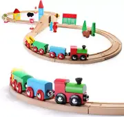 Wooden Train Set for Toddler with Double-Side Train Tracks Fits Brio Thomas