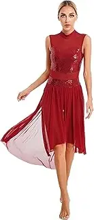 [Manyakai] Women Shiny Rhinestone Lyrical Dance Dress Mesh Chiffon Dress Split Flowy Maxi Dress Ballet Dancewear Burgundy Small