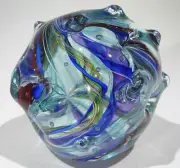 HAND BLOWN GLASS ART PAPERWEIGHT, DIRWOOD, SIGNED, BLUE GREEN AQUA PINK, n3759