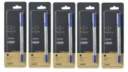5 X Parker Quink Roller Ball Rollerball Pen Refills Blue Ink Medium Nib New