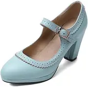 [HOTRA] Mary Jane Oxford Pumps Round Toe Pierced Mid Heel Oxfords Dress Shoes Retro Platform Rockabilly Shoe with Ankle Strap (Color : Blue, Size : 7)