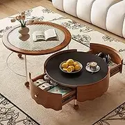 EKDJSN Brown Nesting Coffee Table, Coffee Tables with 2 Storage Drawers, Inlayable Stacking Side Tables Design, with 4 Wood Legs, Wooden Table for Living Room, Balcony