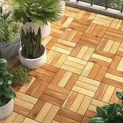 Decking Tiles Solid Wood Teak, Flooring Tile for Balcony, Garden, Kitchen, Peel and Stick, Waterproof - 20 Pcs, 30x30 cm