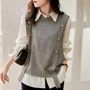 Long-Sleeve Plain Button-Up Shirt / Plain Crew Neck Sweater Vest Vest - Gray - One Size