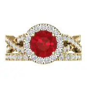 2.4 ct Round Cut Halo Tourmaline Statement Ring Band bridal Set 14k Yellow Gold