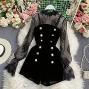 Set: Long Sleeve Mesh Top + Double Breasted Velvet Playsuit Black - S