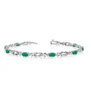 14K White Gold Oval Emerald Stones And Diamonds Tennis Bracelet, 7"