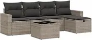 vidaxl Garden Modular Sofa Set - Grey Poly Rattan Outdoor Lounge with Glass Tabletop and Cushions for Patio, Terrace, Backyard