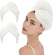 2 Pack Microfiber Hair Towel Wrap AUMA Super Absorbent Twist Turban for Women Fast Drying Hair Caps with Buttons for Drying Curly, Long & Thick Hair Anti Frizz (Cream)