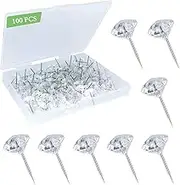 100Pcs Clear Push Pins for Cork Board, Decorative Thumb Tacks for Wall Hangings, Transparent Diamond Push Pin for Bulletin Board, Crystal Head Tacks for Posters, Office, Maps, Sofa, Office, Classroom