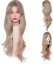 26 Inch Wig Women's Long Curly Hair Wigs Blonde with Fringe Sexy Layered Wavy Wig with Hair Net Realistic Heat Resistant Synthetic Wig for Cosplay Party Daily Wear