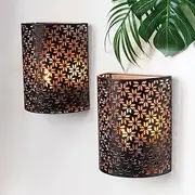 NEWIMAGE Set of 2 Battery Powered Lamp 20cm H Wall Sconce Lighting Metal Rustic Wall Mount Lamp with 6-Hours Timer Wall Decor for Living Room Bedroom Hallway Stairway (Brown, Flabellum)