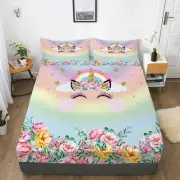 Cartoon Unicorns Kids Bed Decor Fitted Sheet Set Single/Double/Queen/King Size