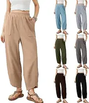 [Generic] Solid Colors Women Pants Straight Leg Pants Casual Elastic Waisted Palazzo Harem Pants with Pockets