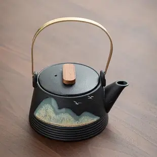 記今朝《黑陶》日式復古側把壺陶瓷泡茶壺單壺功夫茶具蓋碗泡茶器