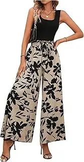 [SweatyRocks] Women's 2-Piece Tank Top and Trousers Set 2-Piece Scoop Neck Tops Wide Legs Trousers with Floral Pattern Combination Two Piece Set with Belt