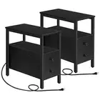 Set of 2 End Tables with Charging Station, Narrow Side Table with Drawers &