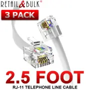 (3 Pack) 2.5 Foot Telephone Cable RJ11 (6P4C) Phone Line Cord, White