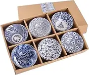 Miners2000 Blue and White Chinese Japanese Ceramic Rice Bowl 10 oz, Sakura Bowl Gift Set, Serving Bowls Dinnerware Bowls for Rice, Cereal, Noodle, Soup, Desserts, Set of 6 （White and Blue）