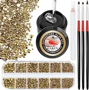 1PC 8ml Wipe-Off Nail Art Rhinestone Glue Gel Adhesive + 1 Box 2-5mm Flat Back Round Glass Gold Rhinestones + 3PCS Glue Brush + 1PC Pickup Pencil