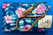 L.I.B New York Brand Wristlet Pouch BLUE with FLORAL Pattern Zip Closure & Strap