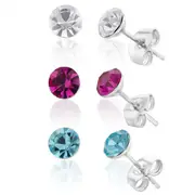 Stainless Steel Crystal Studs Set of 3 - White Aqua Fucshia