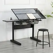 Kelligo Adjustable Drafting Table, Hand Crank Adjustable Drafting Table Drawing Desk with 2 Metal Drawers with Stool(Black)