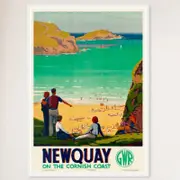Galrie Newquay on the Cornish Coast Vintage Travel Poster Charm Décor, White Frame, A4 21 x 30cm (8 x 12inch)