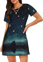 [ALLiYa] Outer Space Starry Sky Women'S Short-Sleeved Nightdress Summer Family Casual Essentials Dress Home Clothes