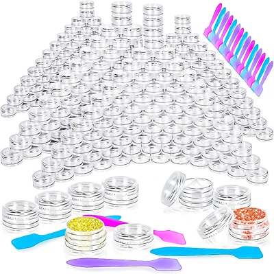 Motbach 100Pcs 3G Empty Plastic Containers with Lids,Clear Jars +20 Mini Spatula