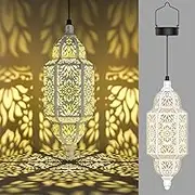 2 Pack Hanging Solar Lights Outdoor Garden Decorative Solar Lantern Waterproof Metal Moroccan Outdoor Decorations for Patio Pathway Yard Porch Backyard Garden Decor (White, 2 Pack)