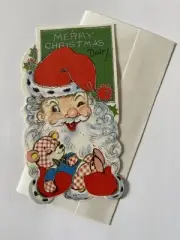 Kiddie Vintage Christmas Card Ornament Sparkly Winking Santa Claus Unused