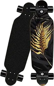 Sports Skateboard Longboard, 24" 8-Layer A-Level Maple Heat Transfer Gold Feather Pattern Mini Longboard Dance Board for Beginners