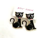 BETSEY JOHNSON BLACK PINK WHITE ENAMEL CAT DANGLE STUD EARRINGS