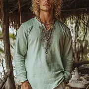 Men's Linen Shirt Summer Shirt Vintage Shirt Ethnic Shirt Long Sleeve Shirt Boho Vacation Street Green Long Sleeve V Neck Summer Spring Clothing Apparel Ethnic