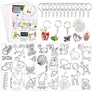 Natonhi 145Pcs Shrink Plastic Kit Include 20 Shrinky Plastic Sheets Paper and 6Pcs Traceable Picture 120 PCS Keychains Accessories,for Boy Creative Craft