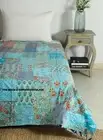 Aqua Cotton Kantha Quilt Bohemian Bedspread Patchwork Bedsheet Hippie Coverlet
