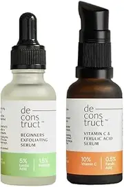 Deconstruct Vitamin C & Beginners Exfoliation Combo| De Tan Combo | 10% Vitamin C & 0.5% Ferulic Acid and 5% Lactic Acid & 1.5% Probiotics
