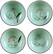 Hand Painted Kungfu Teacup,Chinese Long-quan Celadon Teacup,Fishes and Lotus Pattern,set of 4