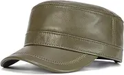 VOBOOM Leather Cadet Army Cap Adjustable Flat Top Cap Military Style Hat for Men