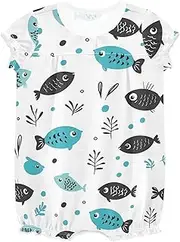[miaozhen] New-Born Infant Baby Girl Romper Ruffled Sleeve Baby Jumpsuit Romper Cotton New-Born Bodysuit 12M Cartoon Cute Black Green Fish ropa de nina, Cartoon Cute Black Green Fish