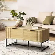 Oikiture Coffee Table with Metal Base and 2 Storage Drawer Side End Table