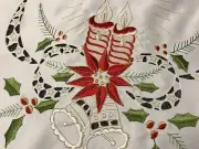 Christmas Holiday Red Poinsettia Candle Bell Embroidered Table Placemats Runner