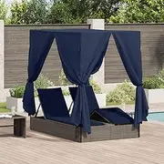 Double Sun Lounger Set of 2 Grey and Navy Blue Rattan Large,Outdoor Beds-3376134
