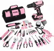 SHALL 247Pcs 20V Cordless Drill Driver & Household Tool Kit for Women, Pink E...