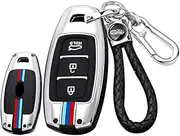ontto Metal Car Key fob Cover Fit for Hyundai I30 Ix35 Kona Elantra Solaris Azera Accent Palisade Santa Fe Remote Key case Keyring Silicone Key Shell Holder Bag Keychain Accessories 3 Button Silver