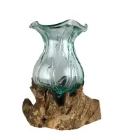 Glass Lotus Vase Hand Blown Onto on Natural Tree Root