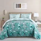 Aqua Quilt Set King Size 3 Pieces Floral Botancal Leaves Gradient Bedspread