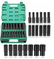 20PCS 1/2 inch Drive Deep Impact Socket Set Metric Garage Workshop Tools 8-32MM，Chrome Vanadium Cr-V,6-Point With storage case,for home, auto repair or other mechanical tasks